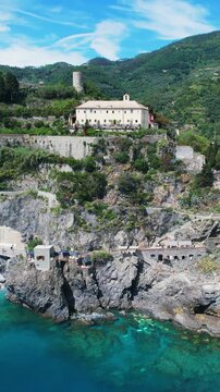 Aerial panoramic view of Monterosso al Mare in Cinque Terre, Italy