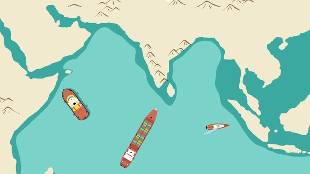 2D Animated Map of Indian Ocean with Moving Ships and Cargo Boats