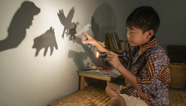 Child creating shadow puppets on the wall with paper cutouts