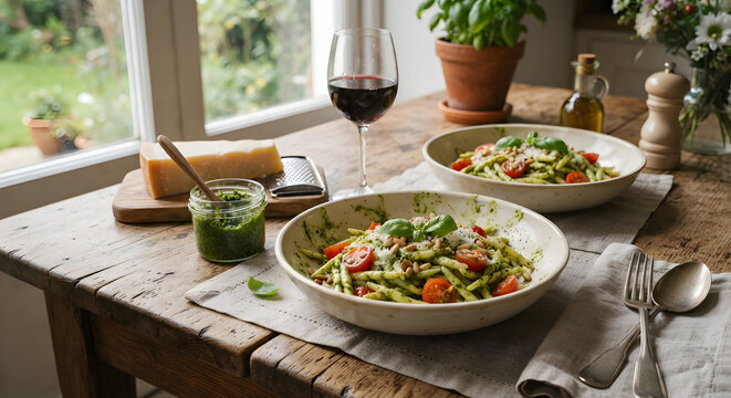 Two bowls of pesto pasta with cherry tomatoes and pine nuts on a wooden table