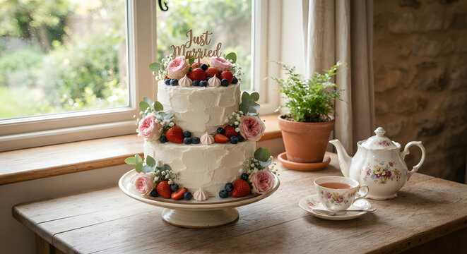 Two-tier wedding cake decorated with fresh roses and strawberries on a cake stand