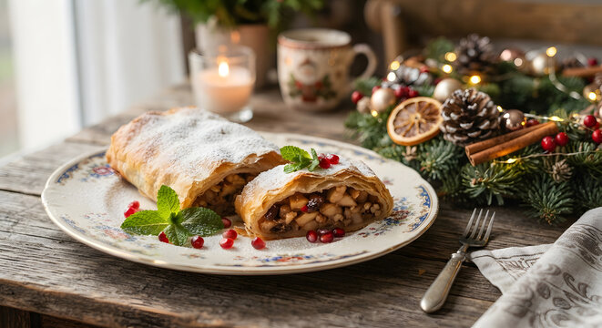 Sliced apple strudel dusted with powdered sugar and garnished with mint