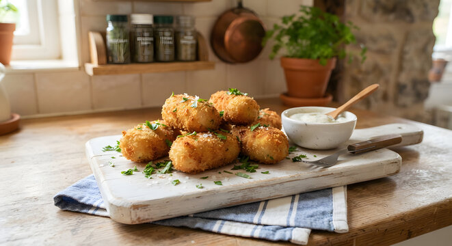 Golden fried croquettes on a wooden cutting board with dipping sauce