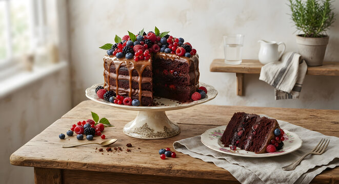 Layered chocolate cake with caramel drip and mixed berries on a cake stand