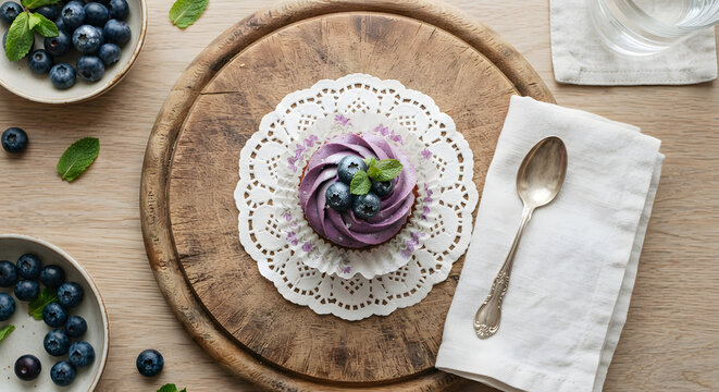 Blueberry cupcake with purple frosting on a wooden board with lace doily
