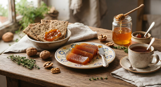 Rustic breakfast setup with whole grain crackers, quince paste, honey, and tea on a wooden table