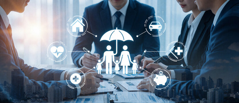 Business people discuss insurance policy with family protection and property icons.