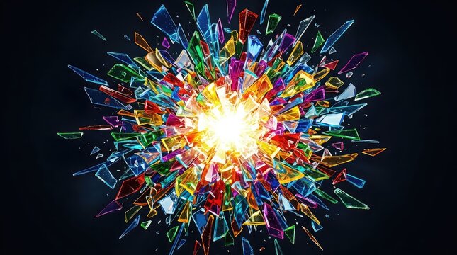 Colorful glass shards exploding outwards from a brilliant central burst of light, creating a dynamic, abstract display of motion and color, texture, light, energy