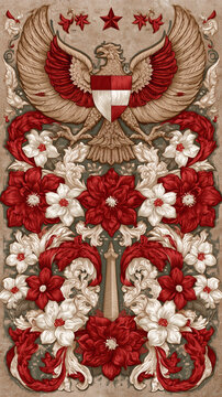 Majestic Indonesian Garuda Bird Monas Monument Red and White Textile Pattern