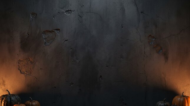 Grunge concrete wall texture with dark pumpkins and warm orange glow, halloween background with copy space
