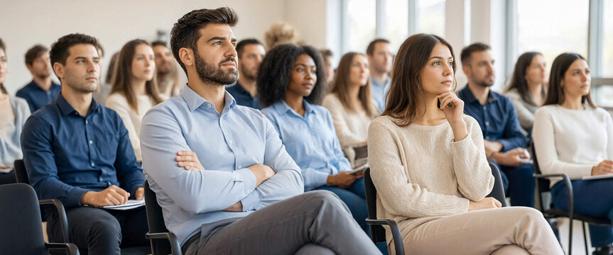 Group of diverse professional employee sitting in seminar office room listening to presentation lecture for learn Business system.