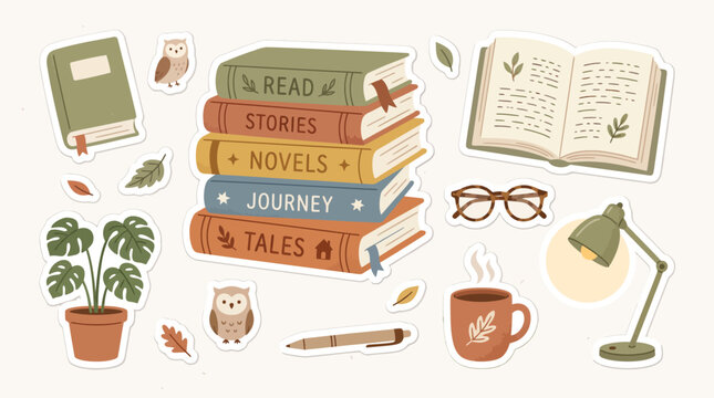 Stack of vintage books with reading accessories in a charming flat vector design sticker collection