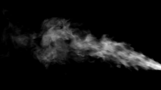 White steam or smoke trail flowing horizontally on a black background, realistic vapor effect for design elements and motion graphics