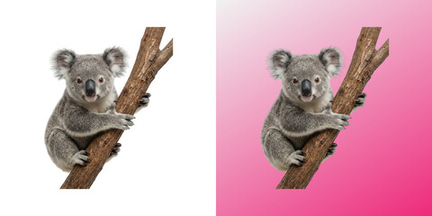 Cute Young Koala Animal Climbing on Tree Branch Looking at Camera © Design Helbox
