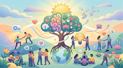 Fototapeta premium World Mental Health Day — Creative and logical brain tree concept with diverse people connecting