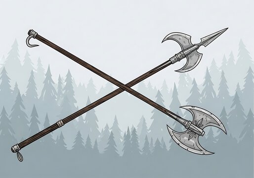 Two crossed medieval weapons halberd and battle axe on a forest background