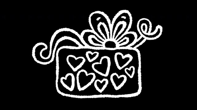 Seamless looping line boil 2D animation of a cartoon heart pattern gift box on transparent alpha channel. Perfect for Christmas, birthday promos, greeting cards, and festive e-commerce marketing.