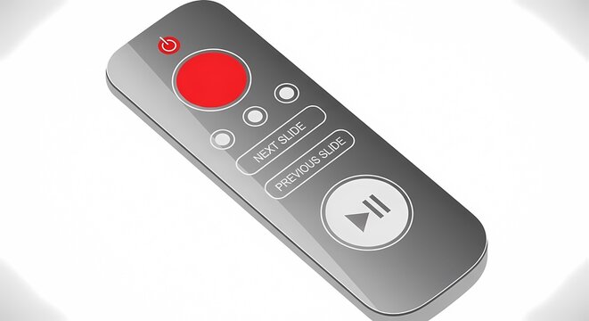 Modern remote control with red record button and play pause symbol.