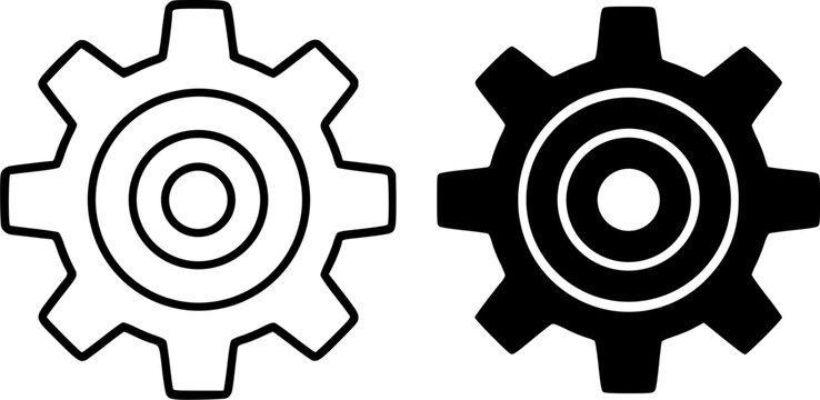 Gear illustration icons in outline and silhouette styles, for app UI/UX design