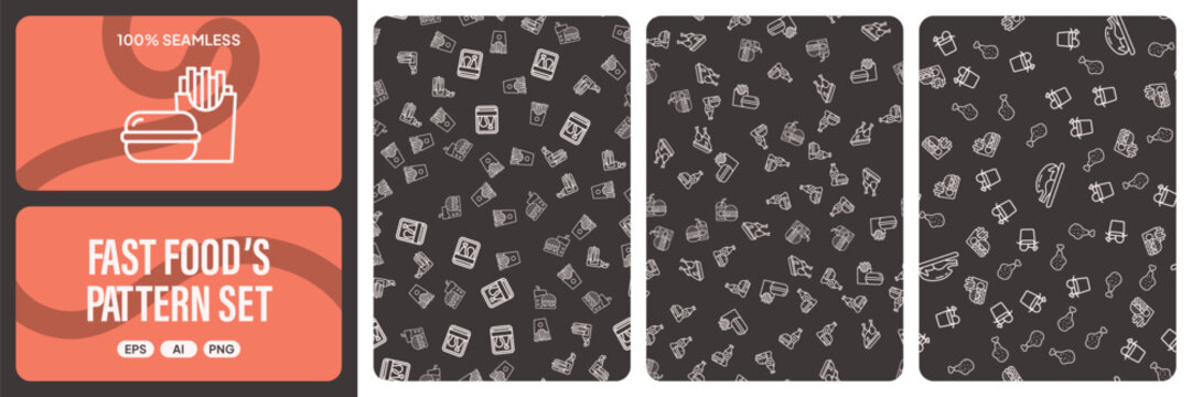 Fast food seamless pattern set with burger, fries, and fried chicken icons on dark background