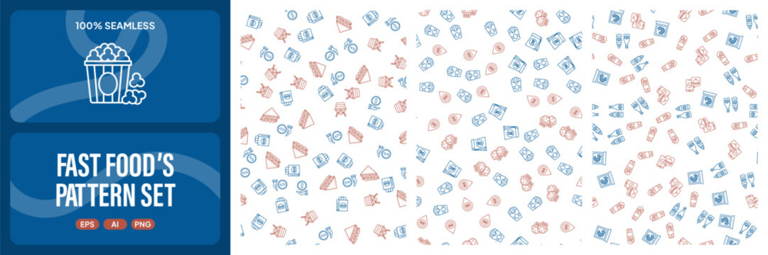 Fast food seamless patterns set vector illustration delicious fastfood background design