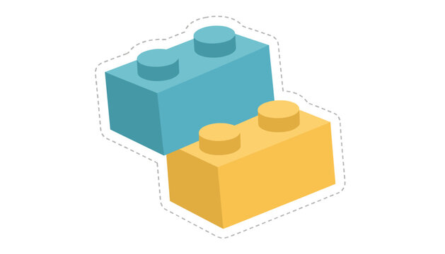 Two colorful plastic building toy blocks stacked together with dashed line border on a clean white background.