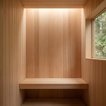 Minimalist wooden sauna interior with a bench and natural window light