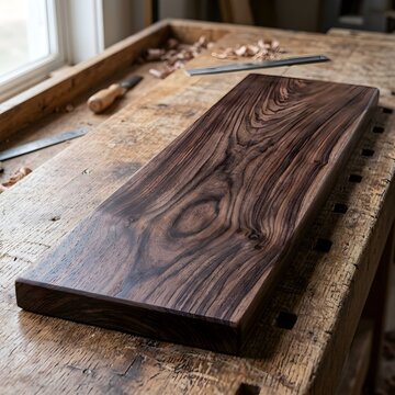 Polished rosewood board resting on a rustic wooden workbench in a workshop