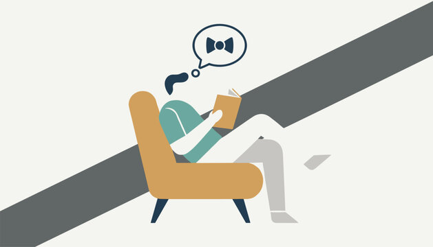 Flat vector illustration of a person sitting in a yellow armchair reading a book and thinking about a bow tie on a grey stripe.