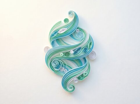 Swirling Abstract Design in Cool Tones of Blue and Green Created with Paper Quilling Technique