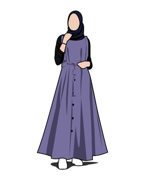 Hijab Woman Illustration. Modern Muslim Woman Fashion Purple Dress Vector