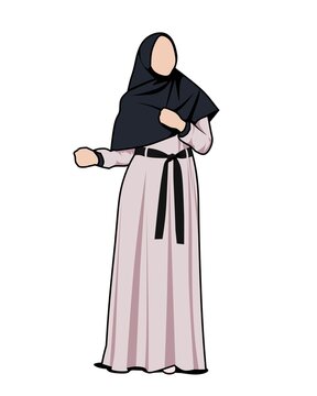 Faceless Hijab Woman Illustration. Muslim Woman In Long Dress With Black Hijab Vector