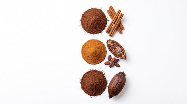 Top view of cocoa powder piles and cinnamon sticks on white background