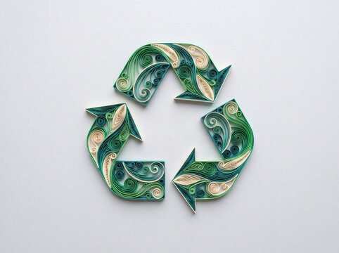 Intricate Paper Art Design of Recycling Symbol in Green and Cream Colors for Eco-Friendly Themes