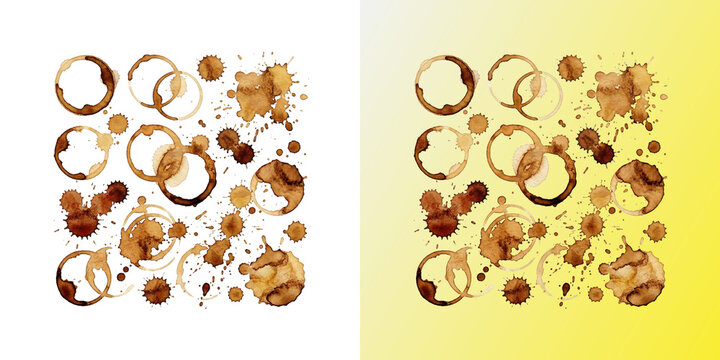 Coffee stain rings and brown liquid splatters set on isolated background