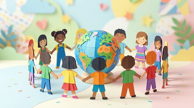 Diverse paper children holding hands around a globe. Symbolizing global unity and friendship for children. World Childrens Day celebration of diversity and peace.