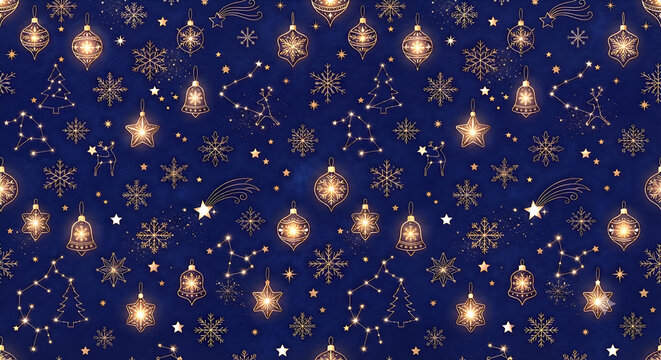 Elegant seamless Christmas pattern on dark blue velvet texture, featuring glowing gold linear illustrations of stars, snowflakes, bells, reindeer constellations, and baubles. Festive and celestial.