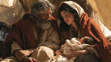 Fototapeta premium Intimate Nativity scene of Mary and Joseph tenderly gazing at the newborn Jesus swaddled in cloth within a humble Bethlehem stable, conveying quiet faith and devotion.