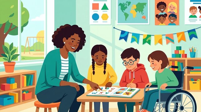 Diverse children and teacher learning together in a bright classroom. Inclusive education with a disabled child in a wheelchair. World Childrens Day celebration of diversity and learning.