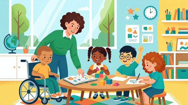 Teacher and diverse students learning in a colorful classroom. An inclusive environment featuring a disabled child in a wheelchair. Promoting diversity and education for World Childrens Day.