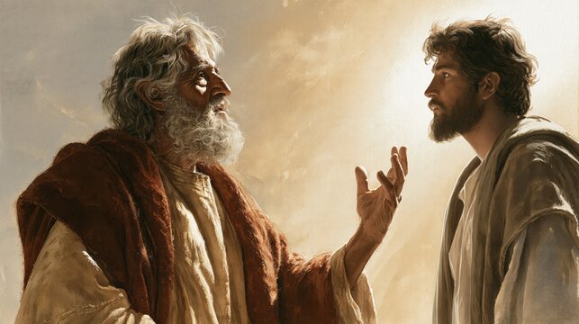 An elder prophet and a young follower in a solemn biblical encounter bathed in warm light, portraying spiritual teaching, mentorship, and faith-filled guidance