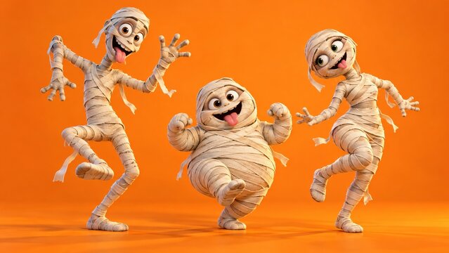 Three funny cartoon mummies dancing joyfully with tongues out on orange background. Playful 3D characters with big eyes and wrapped bandages.