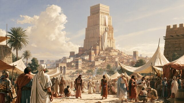 Bustling Babylonian market with pilgrims, merchants and crowds converging beneath a massive ziggurat, evoking the Tower of Babel and ancient Mesopotamian life.