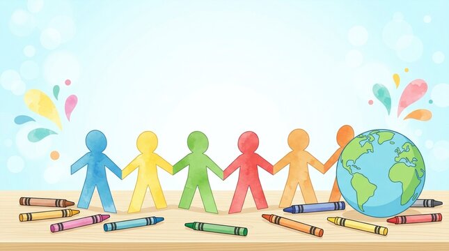 Paper chain figures holding hands beside a globe and crayons. Celebrating global unity and children rights on a wooden surface. World Childrens Day vector illustration for education campaigns.