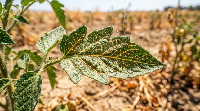 Close up of a diseased tomato plant leaf showing signs of blight in a farm field
