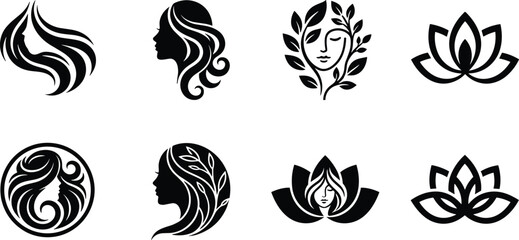 Obraz premium Beauty salon and wellness spa silhouette vector logo icons featuring beautiful woman profile long hair and lotus blossoms