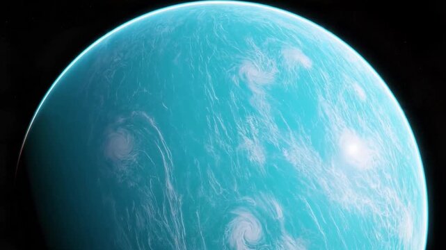 4K Video of a luminous cyan planet featuring soft swirling atmospheric clouds and a vibrant blue cosmic appearance.