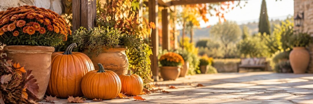 Orange pumpkins and chrysanthemum flowers decorating rustic patio with autumn leaves. Cozy fall porch scene on stone terrace with garden view.