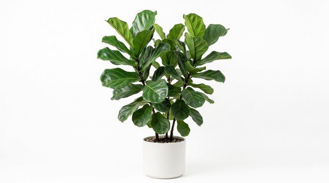 A lush fiddle leaf fig plant in a modern white ceramic pot on white background