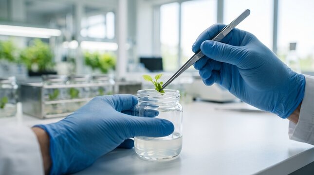 Scientist examines plant sprout in laboratory for research